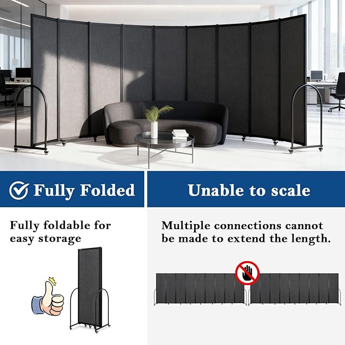 Folding Room Partition,Privacy Room Screen with Arms,Office Dividers Partition Wall,18'5"L* 6'7"H,Dark Grey