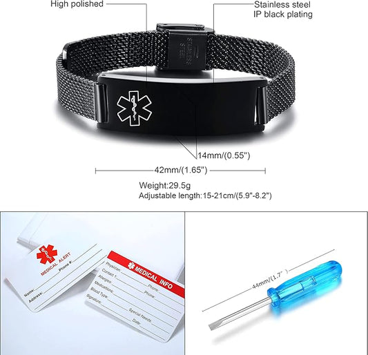 VNOX Medical Alert Bracelets for Men & Women Kids with Free Engraving Adjustable Stainless Steel Mesh Emergency Medical ID Bracelets Wristband