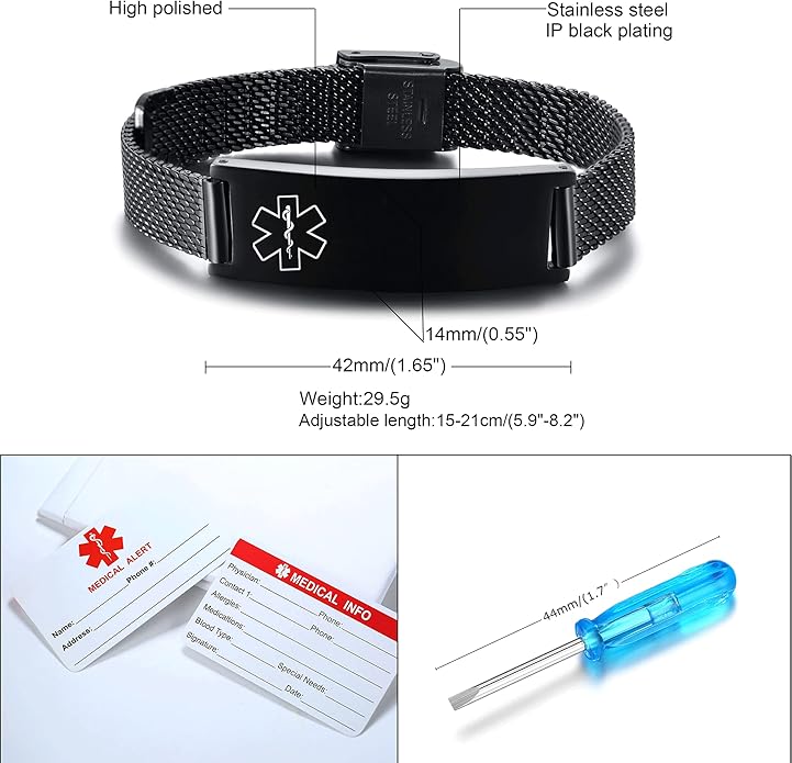 VNOX Medical Alert Bracelets for Men & Women Kids with Free Engraving Adjustable Stainless Steel Mesh Emergency Medical ID Bracelets Wristband