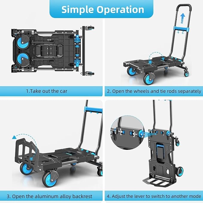 Folding Hand Truck, 330 lbs Max Capacity Portable Hand Cart, 2-in-1 Heavy Duty Foldable Dolly Cart with Adjustable Retractable Handle for Luggage, Moving, Shopping, Office,Travel Use