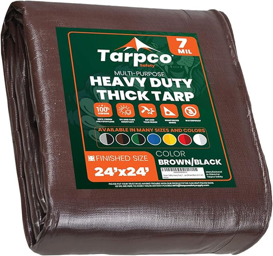 Tarpco Safety Heavy Duty 7 Mil Tarp Cover, Waterproof, UV Resistant, Rip and Tear Proof, Poly Tarpaulin with Reinforced Edges for Roof, Camping, Patio, Pool Cover, Boat (Brown/Black 24′ X 24′)