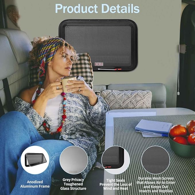 36"x20" RV Emergency Exit Window - DOT-Certified Tempered Glass, Security Lock, Waterproof Aluminum Frame w/Mesh Screen (Fits 1"-1.77" Walls, Complete Kit)