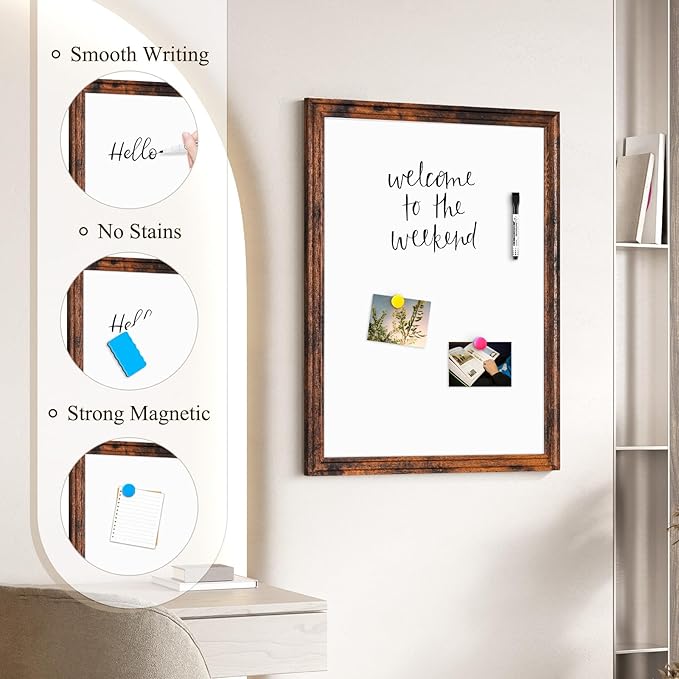 4 THOUGHT Dry Erase Board, 24" x 18" Magnetic Whiteboard Brown Vintage Wood Frame Wall-Mounted White Board Decorative Notice Board School, Office, Home, 8 Magnets 4 Markers 1 Eraser