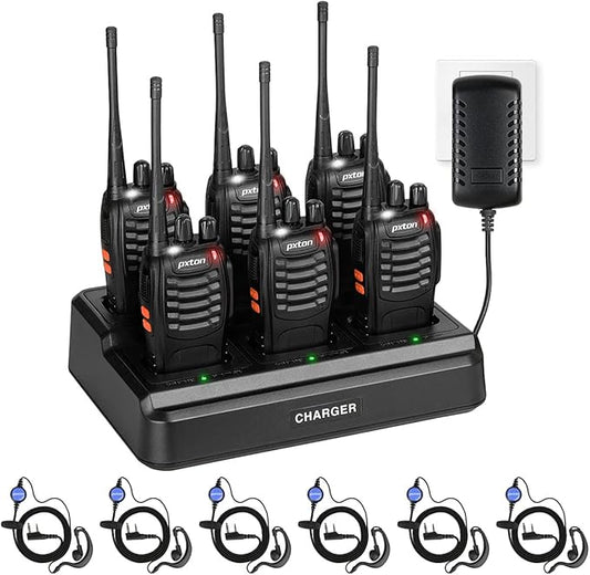 pxton walkie talkies for Adults Long Range with Upgraded Earpiece,radios walkie talkies Rechargeable Portable Two Way Radios with 6 Way Multi Gang Charger and Li-ion Battery (6 Pack)