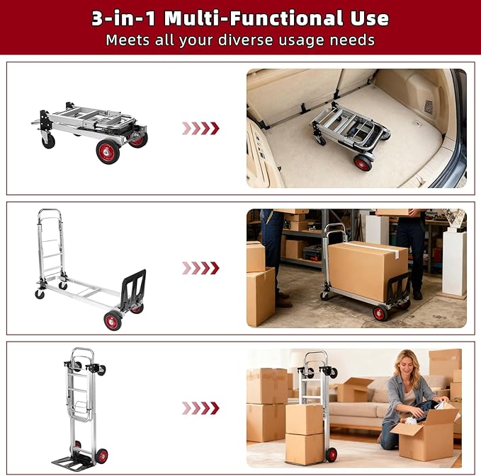 Aluminum 3 in 1 Folding Hand Truck, 400Lbs Capacity, Heavy Duty Collapsible Cart with Retractable Handle and 4 Rubber Wheels, 2 Safety Straps, Moving Dolly for Moving Home, Office, Shopping, Warehouse