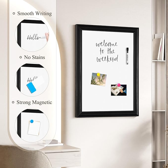 4 THOUGHT Dry Erase Board, 24 x 36 in Magnetic Whiteboard Black Vintage Wood Frame Wall-Mounted White Board Decorative Notice Board for School, Office, Home, Kitchen with 8 Magnets 4 Markers 1 Eraser