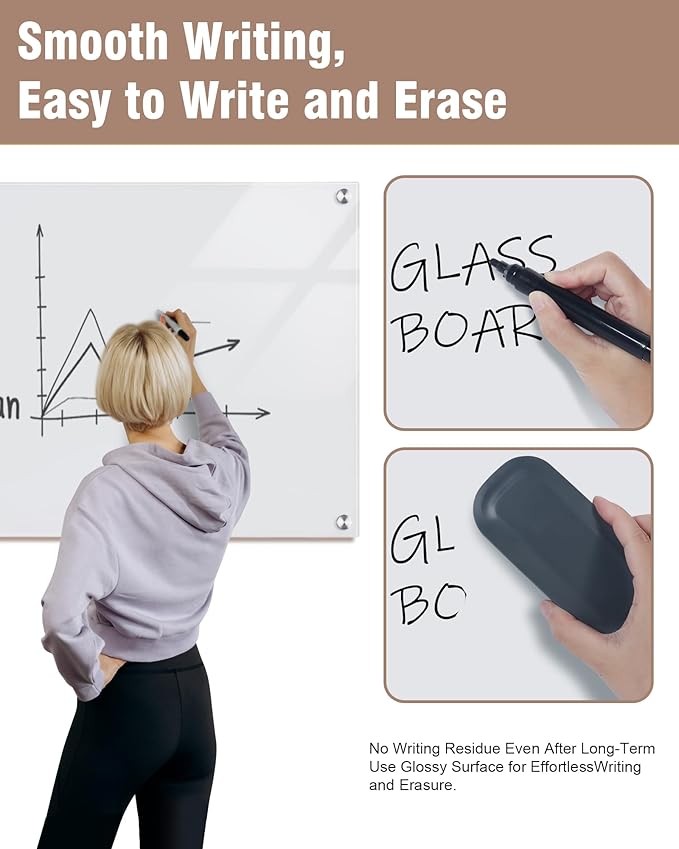 Mifuro Magnetic Glass Whiteboard，48"x36" Wall Mounted Frameless Dry Erase Board for Office, Home & School Ultra White