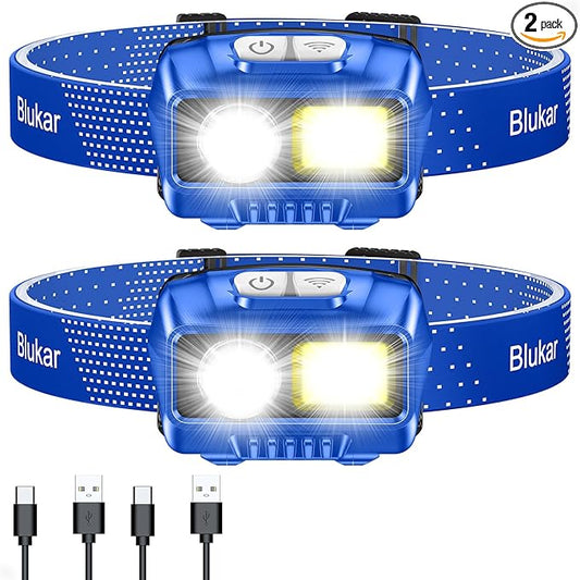 Blukar LED Headlamp,2000L Super Bright Rechargeable Headlight Flashlight with White&Red Light 2 Pack - Motion Sensor,Dimmable Brightness,8 Modes,Spotlight&Floodlight,IPX5 Waterproof for Camping-Blue