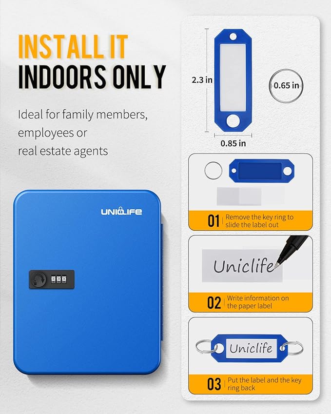 Uniclife 28 Keys Steel Key Cabinet with Resettable Code Blue Wall Mounted Key Organizer with Combination Lock Digital Security Box with Hooks and Large Key Tag Labels Identifiers in 5 Assorted Colors