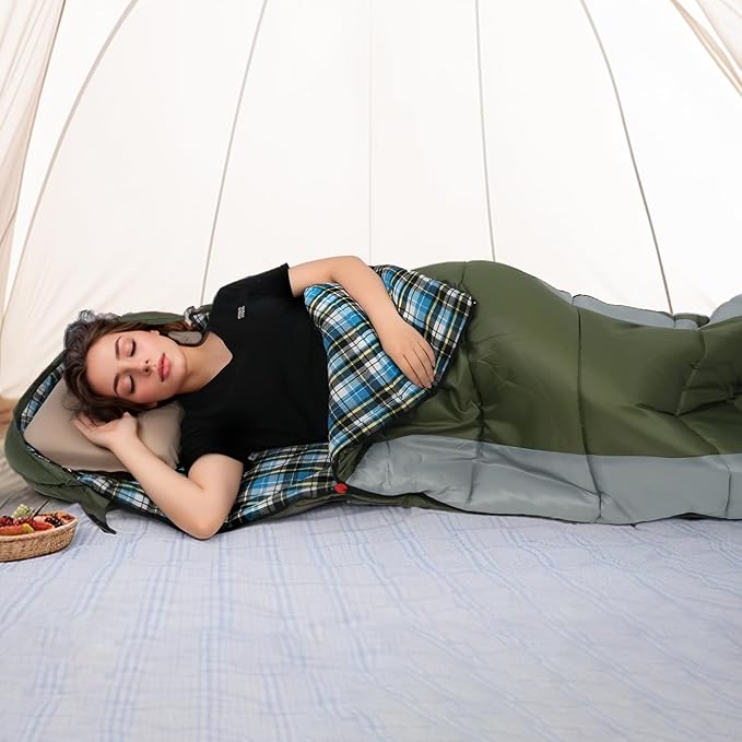 Cotton Flannel Lined Sleeping Bag for Adults Teens Kids, Cold Weather &Warm, 3 Seasons, Lightweight Compact Camping Essentials Equipment, Hiking, Outdoor, Travel