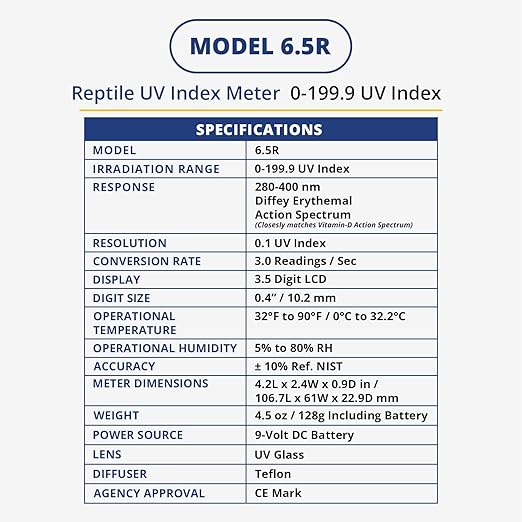 Solarmeter Model 6.5R Reptile UV Index Meter, Handheld Digital Radiometer for Measuring Ultraviolet Light, Measures 280-400 nm with Range from 0-199.9 UV Index, Made in USA, ABS Polymer, Black