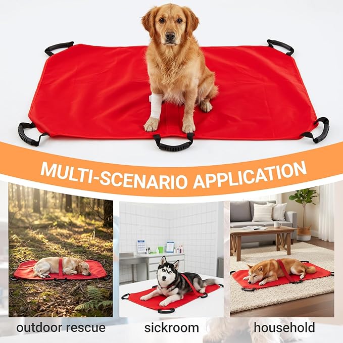 Geiserailie Transport Stretcher for Large Dogs with 6 Handles 47" L x 29" W Animal Folding Emergency Transport Carrier with Safety Strap, Max 250lbs(Red)