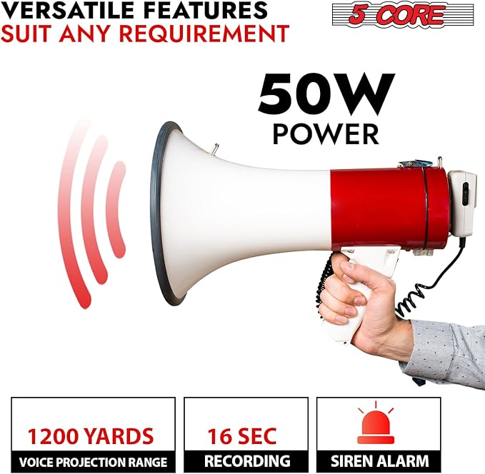 5 CORE Megaphone 50W Bull Horn Professional PA Speaker w 1200 Yards Range Loud Siren Voice Amplifier USB/SD/3.5mm Aux Portable Megafono for Emergency Outdoor Sports and Coaches - 66SF