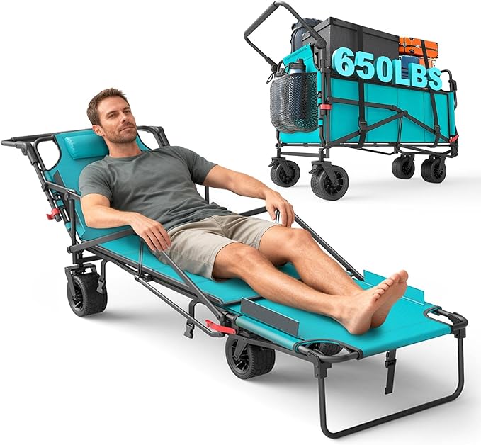LEVELEVE Heavy Duty Folding Wagon - 2-in-1 Collapsible Cart, 650lb Capacity, All-Terrain Wheels w/Brakes & Side Pockets (Sky Blue)