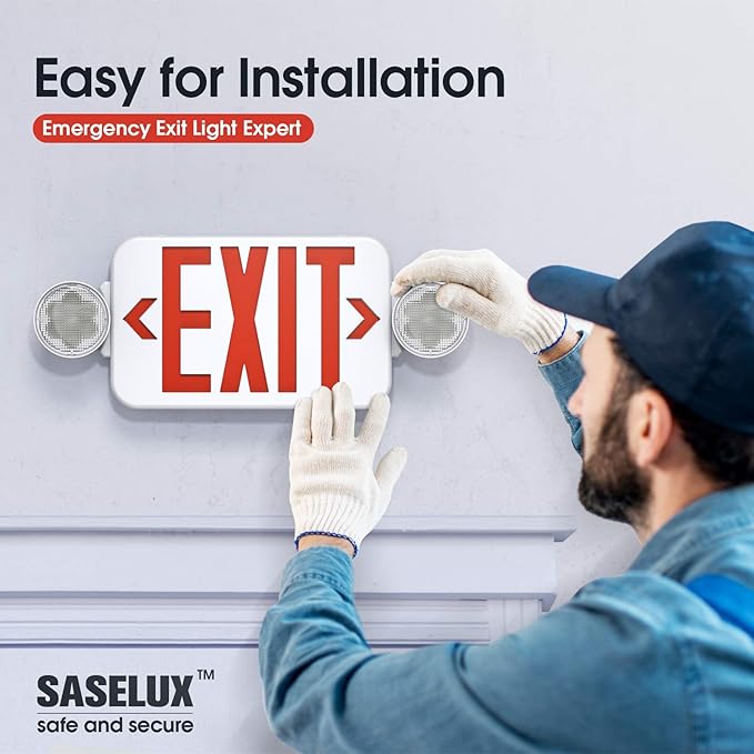 Red Led Exit Sign Emergency Light Combo Adjustable Two Head, Double Sided and Battery Backup Exit Light, Contractor Select, AC 120/277V (1)