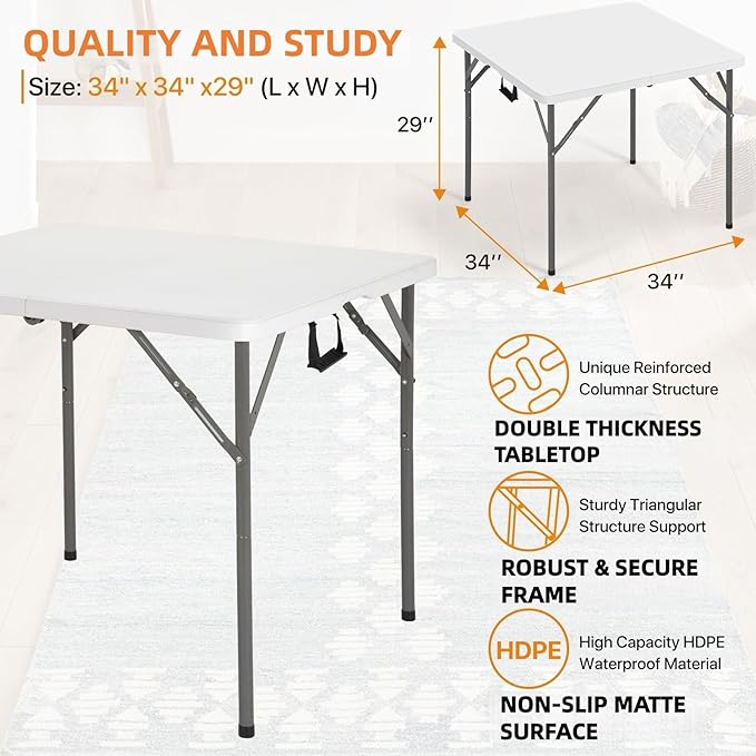 34" Square Folding Table, Portable Folding Card Table with Collapsible Legs & Carrying Handle, Plastic Tables for Camping,Picnic, Office, Party, White