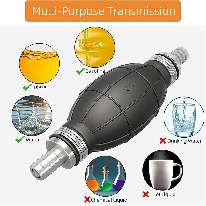 Fuel Transfer Pump, 14mm 1/2" Portable Hand Pump with Primer Bulb for Gasoline, Diesel, Oil, and Water – Manual Fuel Line Pump for Boat, Car, Motorcycle Use