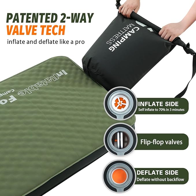 CYMULA 4-inch Self-inflating Camping Pad, 79"x 52"x 4" Ultra-Thick Double Sized Sleeping Mattress, Inflatable Foam Pads for Camp with Air Pump Sack, Suitable for Adults, Backpacking Travel, Army Green