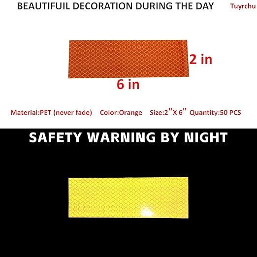 Non Fading Orange Reflective Stickers 2 inch X 6 inch, Outdoor Waterproof High Visibility Warning Safety Adhesive Reflector Tape (50 Pcs)