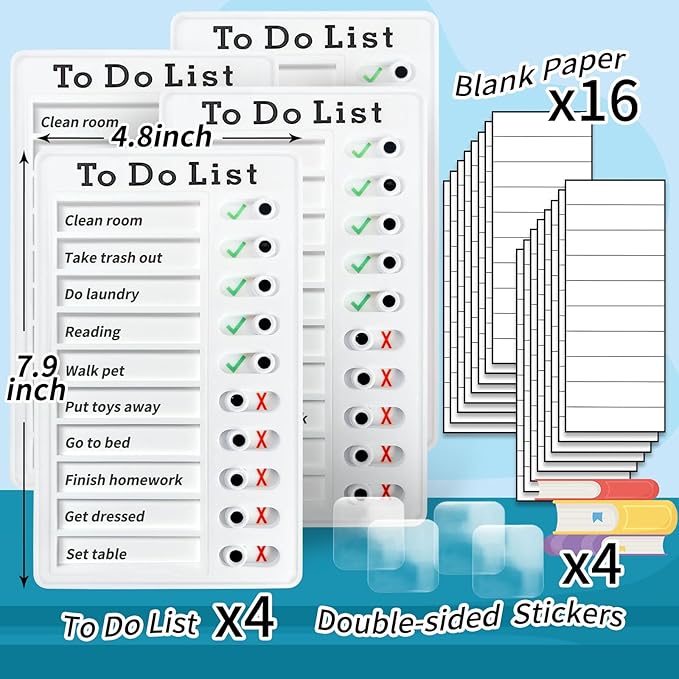 4 Pieces Chores Chart for Kids Multiple Kids - Reusable to Do List with Detachable Cardstock, Sliding Routine Chart, Daily Schedule, and Checklist Board