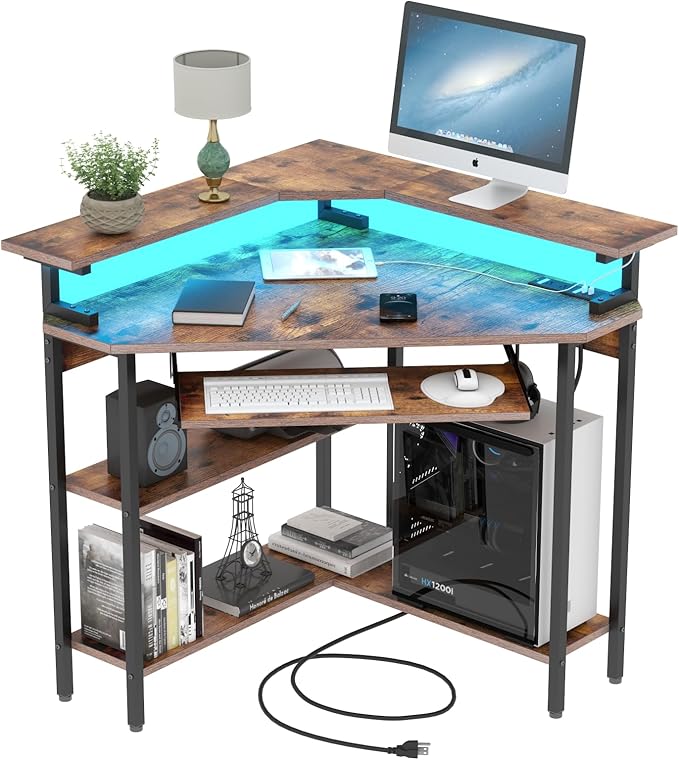 Auromie Corner Desk with Charging Station & LED Light, Triangle Corner Desk with Monitor Stand & Keyboard Tray for Small Space, Gaming Computer Desk with Storage Shelves for Home Office (Rustic)