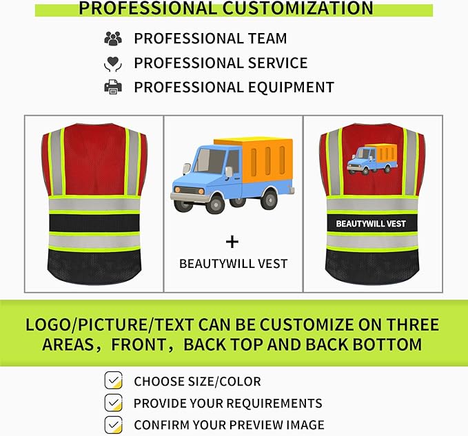 BeautyWill 10 Pack Custom Logo Safety Vest ANSI Class 2 High Visibility Reflective Vest Personalized Construction Vest Bulk