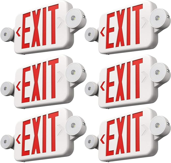FREELICHT 6 Pack Red Exit Signs with Emergency Lights, Two LED Adjustable Head Emergency Exit Light with Battery Backup,Hard Wired,UL Listed, AC 120/277V,Exit Sign Combo for Business