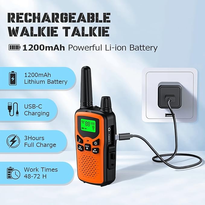 Walkie Talkies 2 Pack Walkie talkies with Rechargegable for Adults, 22 Channel FRS 2-Way Radios Walky Talky with LED Flashlight for Climbing, Camping Trip and Family Emergency Kit(2 Pack Orange).