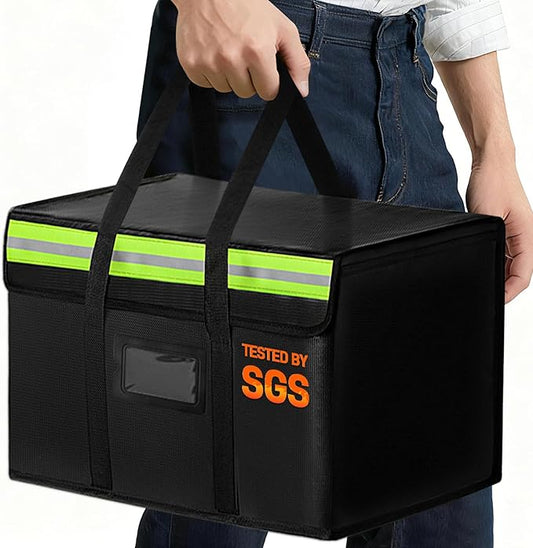 Fireproof Document Bags, Fireproof Document Box for Cash, Photo Albums, Valuables, Extra Large Fireproof Bag Waterproof Document Storage with Reflective Strip, 15x12x12in, Black