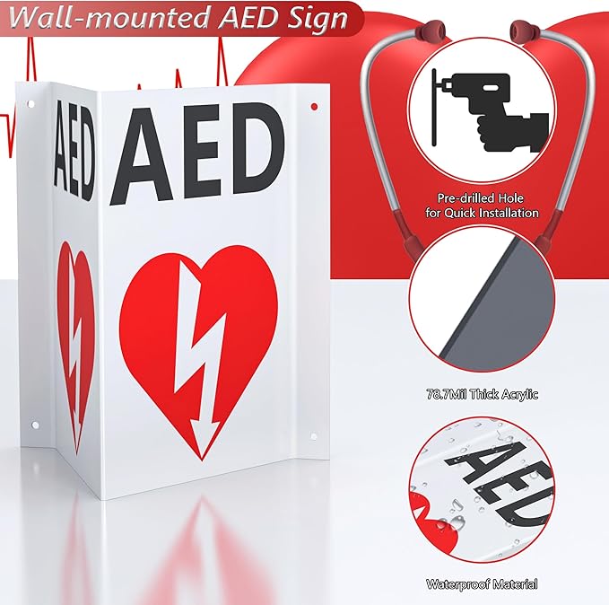 AED Projecting Sign With AED Graphic, 5'' x 9'' Plastic Panel with 4 Pre-Drilled Mounting Holes & Double Sided Tapes, AED Wall Mounted Sign for Outdoor & Indoor