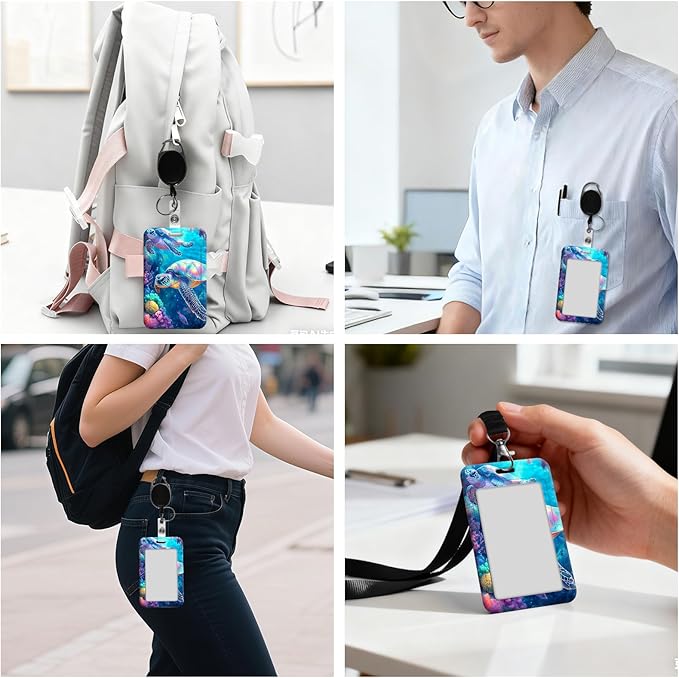 ID Badge Holder with Retractable Lanyard for Women & Men,Vertical ID Card Holder Wallet,Clear Window&Card Slot,Detachable Neck Strap for Nurse Teacher Office,Tropical Turtles Coral Reef