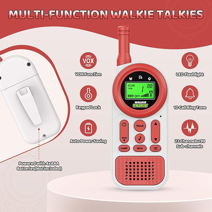 Walkie Talkies for Kids: 22 Channels 2 Way Radio Kids Toys for 3-12 Year Old - 3 Miles Long Range for Outdoor Camping Hiking - Christmas Birthday Gifts for Boys Girls, Red
