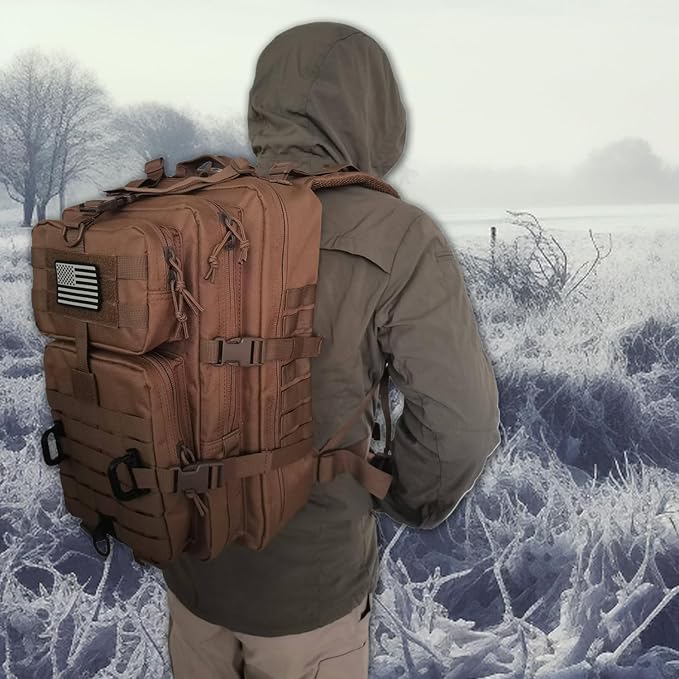 MOLLE Assault Backpack, Tactical Backpack Military Army Camping Rucksack, 3-Day Pack Trip w/USA Flag Patch, D-Rings, Dark Brown