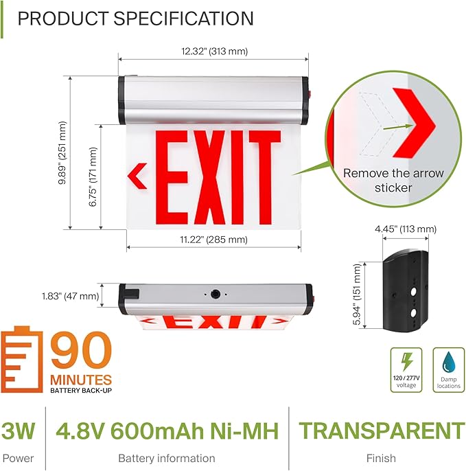 ASD LED Exit Sign with Battery Backup - 120/277V UL 3W Transparent Rotatable Emergency Exit Light for Business, Commercial Hardwired Damp Location Power Outage Lights, Red, 6 Pack