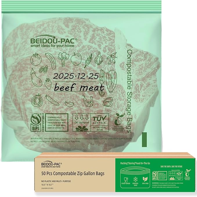Compostable Gallon Food Storage Freezer Bags, 50 Count | 2 Mil | 10.5" * 10.7", Freshness Easy Open Biodegradable, Eco-Friendly Reclosable Compost Zippper Bags