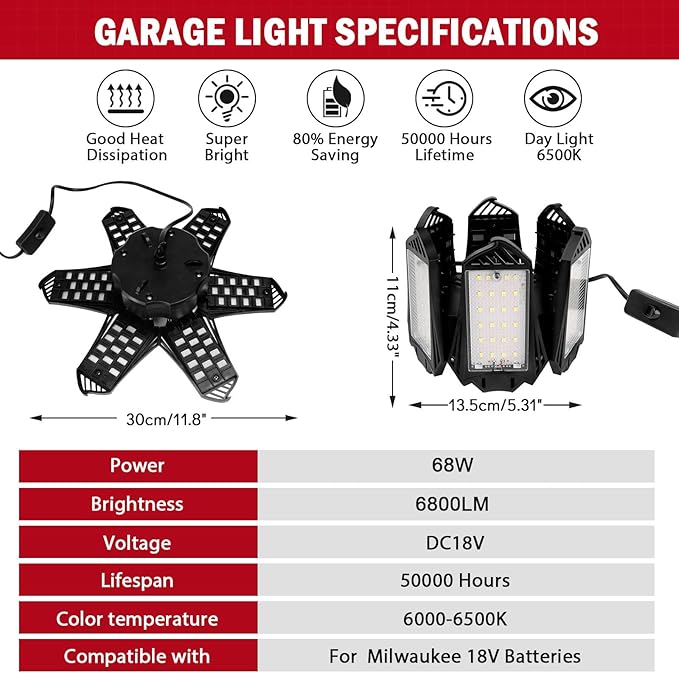 LIVOWALNY LED Work Light Compatible with Milwaukee 18V Battery, 68W 6800LM LED Garage Flood Lights with 6+1 Deformable Panels, Battery Powered Pendant Ceiling Light for Shed Workshop Garage Home