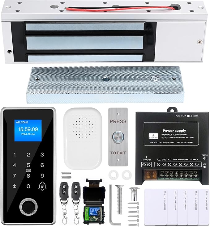 Waterproof Fingerprint Access Control Kit, 1200LBS Holding Force NC Mode Magnetic Lock, IP68 Metal Keypad Supports Fingerprint, Password, RFID Card & Remote Unlock for Door Security