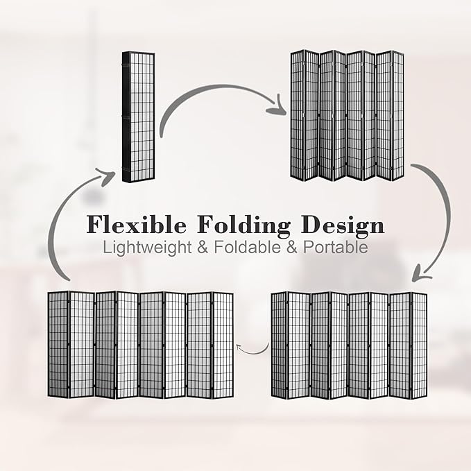 WelFurGeer 8 Panel Shoji Screen Room Divider, Folding Privacy Screens, Room Partitions and Dividers, Decorative Room Dividers, Wall Dividers for Room Separation, Japanese Room Divider for Home (Black)