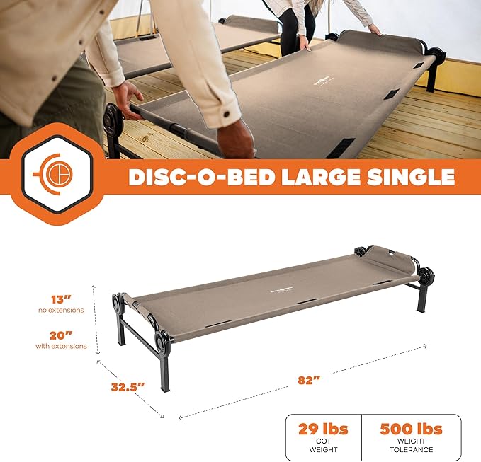 Disc-O-Bed Large Outdoor Modular 1 Person Single Camping Cot Portable Bed for Adults, Sleep Solution for Tents, Tan