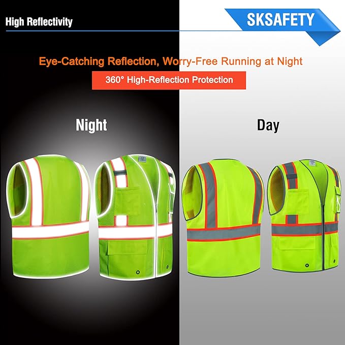 SKSAFETY 10 Pockets Safety Vest, Class 2 High Visibility Security with Zipper Double-sided mesh, Hi Vis Vest with Reflective Strips, ANSI/ISEA Standard, Construction Work Vest （Lime, 3XL）
