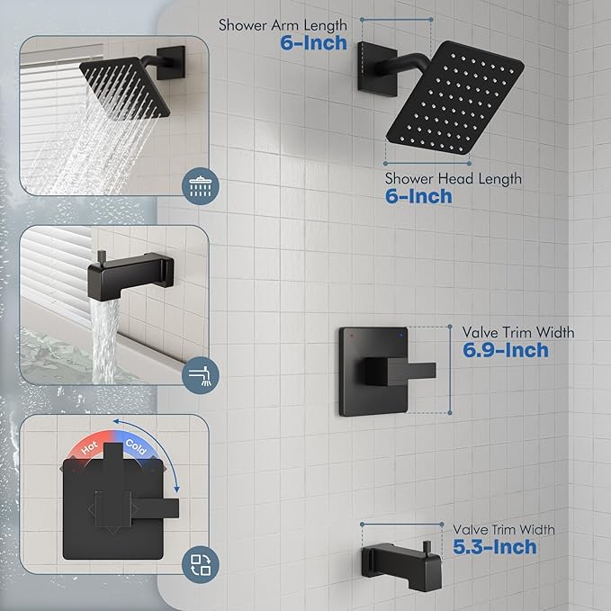 Replacement for Delta Shower Trim Kit 14 Series, All Metal Tub Shower Faucet Set, 6-Inch Matte Black Shower Head and Handle Set(Valve/Cartridge Not Included)