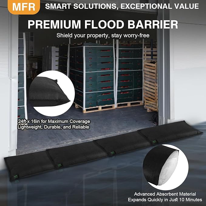 MFR Water Activated Flood Bags for Flooding, Home, Doorway, Driveway, Garage Sandless Sand Bags for Anti Flood Barrier 2ft x 1.3ft, 6-Pcs