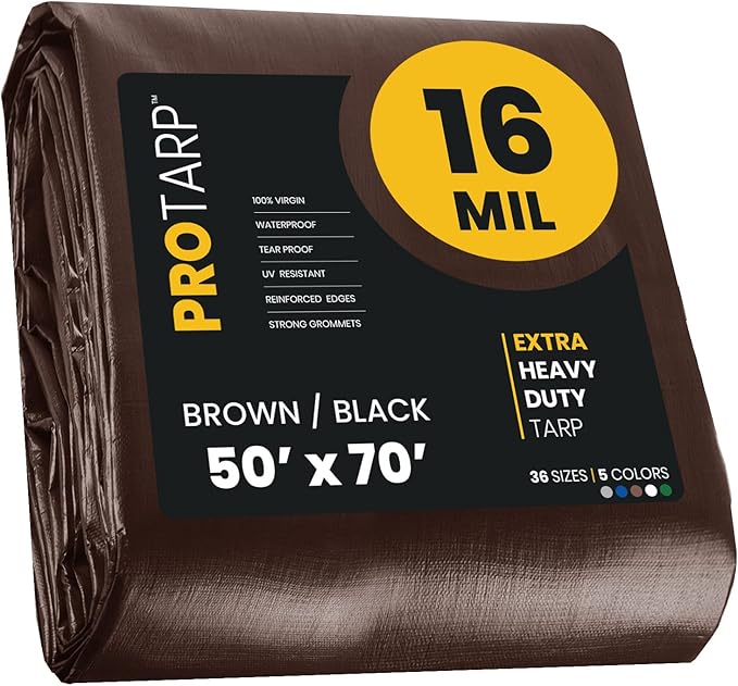 PROTARP Extra Heavy Duty 16 Mil Tarp Cover, Waterproof, UV Resistant, Rip and Tear Proof, Poly Tarpaulin with Reinforced Edges for Roof, Camping, Patio, Pool, Boat. (Brown/Black 50′ X 70′)