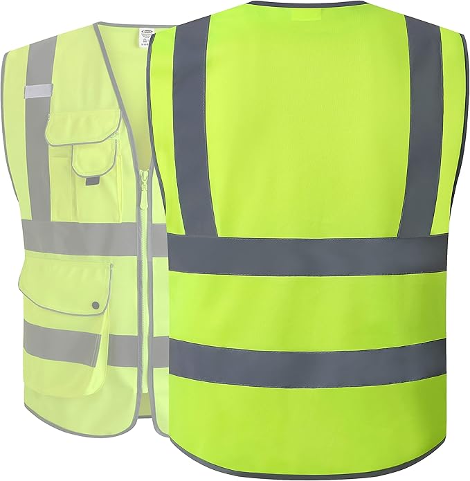 JKSafety 9 Pockets Class 2 High Visibility Zipper Front Safety Vest With Reflective Strips, Yellow Meets ANSI/ISEA Standards (3X-Large-150-Yellow)
