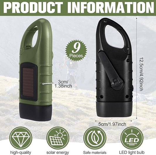 Leelosp 9 Pieces Hand Crank Flashlight Solar Powered Flashlight for Emergencies Dynamo Rechargeable LED Survival Light for Outdoor Sports Hiking Camping (Green,Black)
