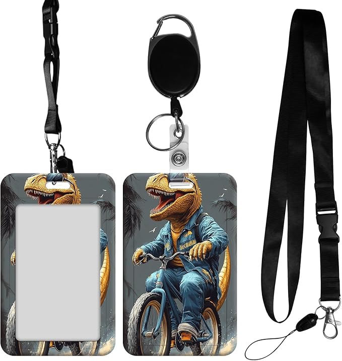ID Badge Holder with Retractable Lanyard for Women & Men,Vertical ID Card Holder Wallet,Clear Window&Card Slot,Detachable Neck Strap for Nurse Teacher Office,T-Rex Biking Beach