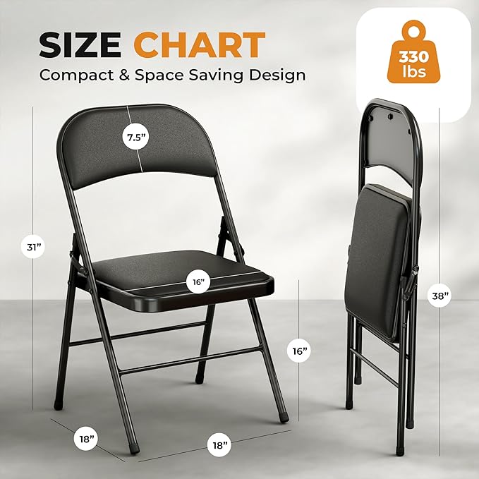 8 Pack Leather Chair | Foldable & Stackable | 350 lbs Capacity Steel Frame Seats for Indoor or Outdoor | Commercial Use Events Wedding Party Events Bulk Picnic Kitchen Dining - Black