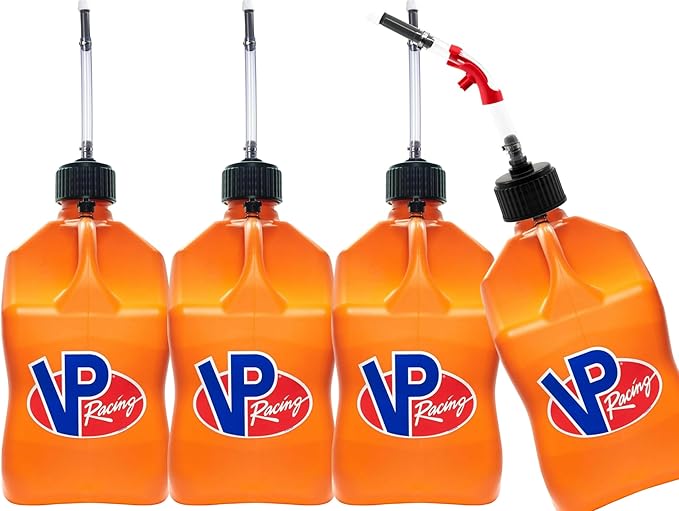 VP Racing Utility Container 5.5 Gallon - 4 Pack With 4 Deluxe Hoses and a Get Bent Hose Bender (Orange, 4 Pack)