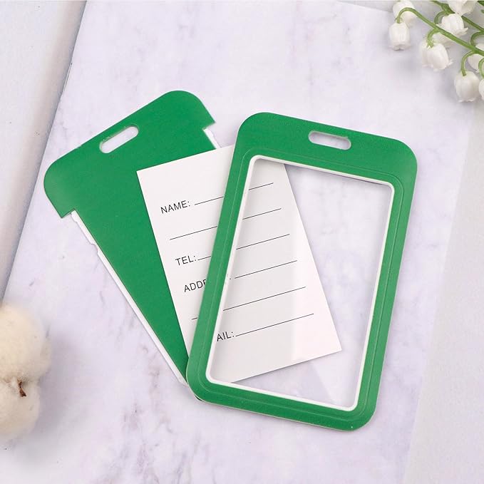 2-Pack Green Card Holder Set, Clear Plastic ID Badge Holder, Top Slot for Lanyard & Keychain, Reusable PVC Card Sleeve for Work Office School Access Card