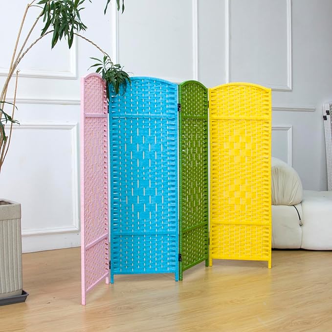 4 Panel Rattan Divider Short Room Partition Screen,Double Sided Folding Divider for Room Separation,Colorful,47.2" H x 63" W
